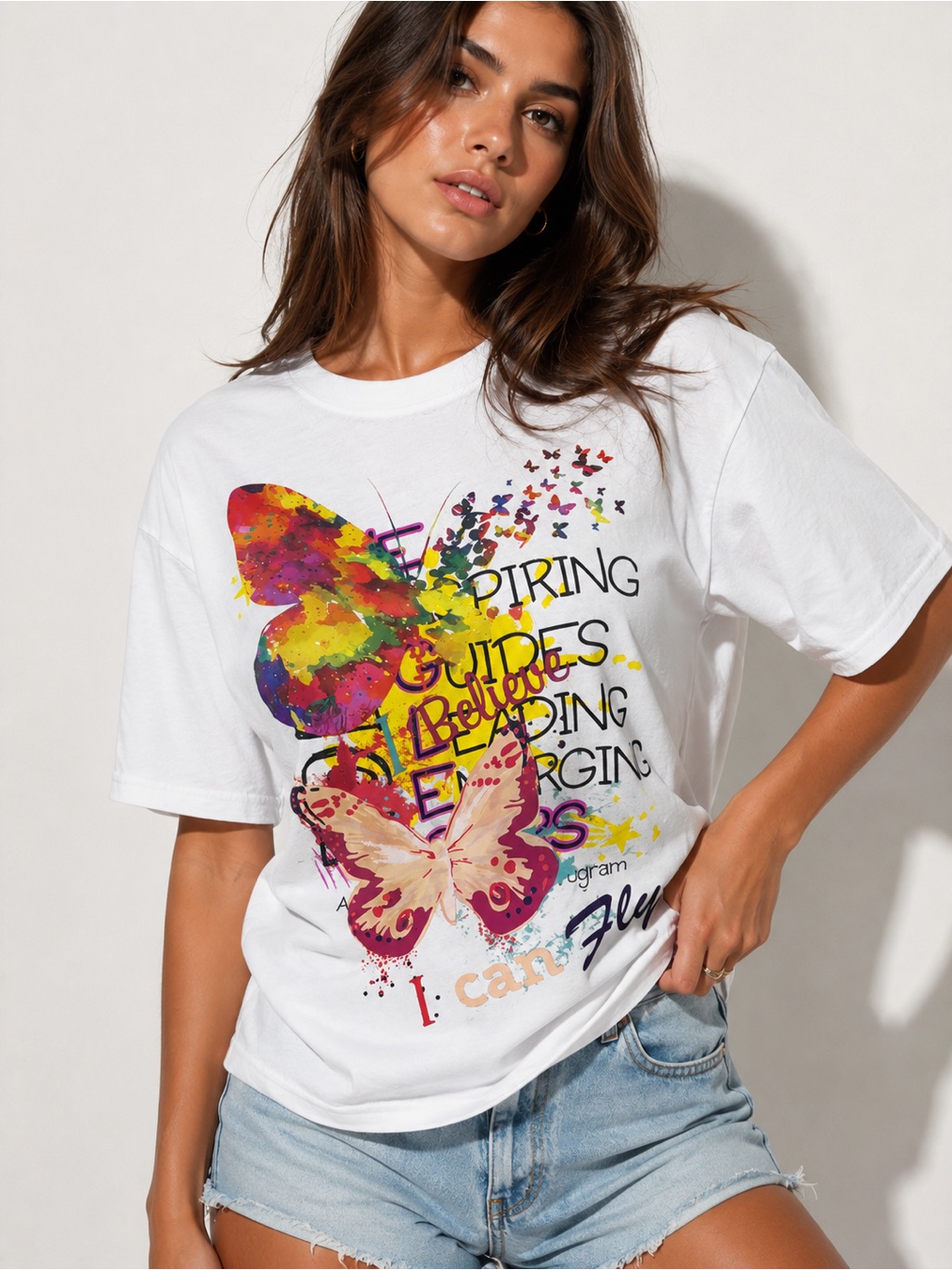 Port And Company 100% Cotton White Tee With Multicolor Butterfly Graphic
